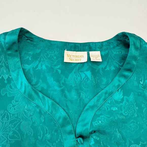 Victoria's Secret Vintage Gold Label Pajama SET Green Satin Jacquard Floral | M - Picture 10 of 14